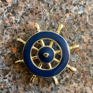 TRIFARI Ships Wheel Brooch Gold and Navy
